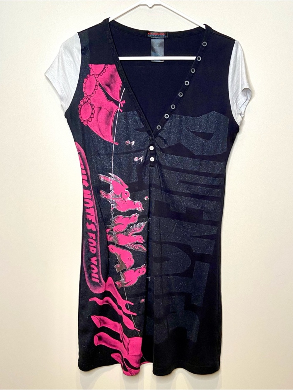 Vintage Custom Black & Hot Pink Graphic Button Front Dress/Long-T, Custo Size 4